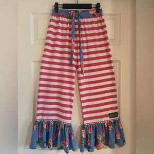 Matilda Jane Pink and White Striped casual ruffled pants. Size M